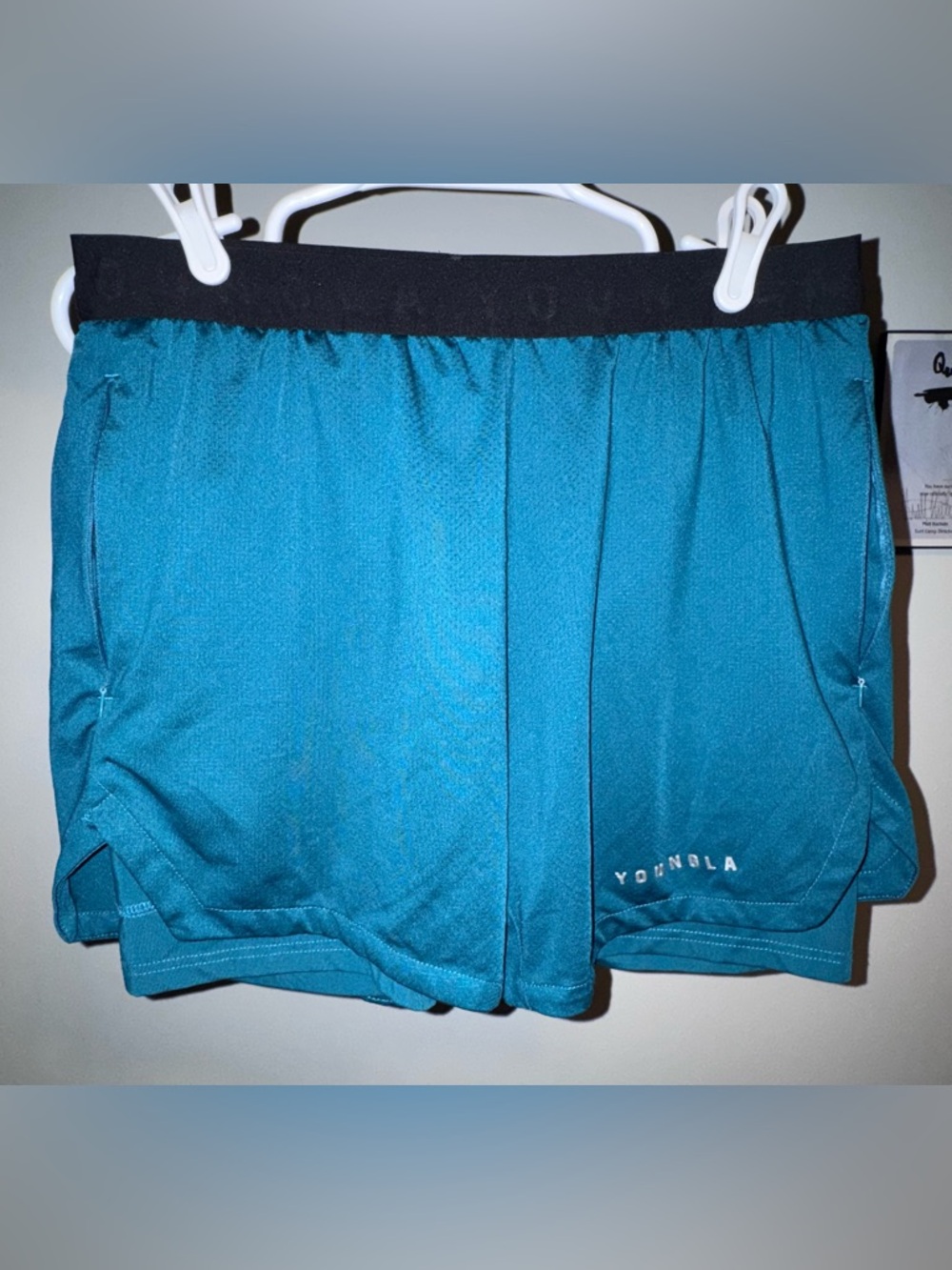 EUC YoungLA Teal Compression Double Lined Exercise Shorts w Zippered Pockets - M